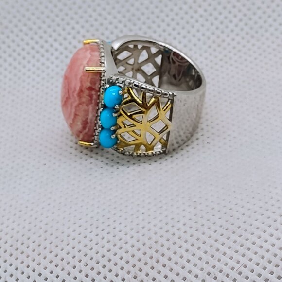 KRH India 925 Sterling Silver Pink Rhodochrosite & Turquoise Ring Size 6 - Picture 3 of 8